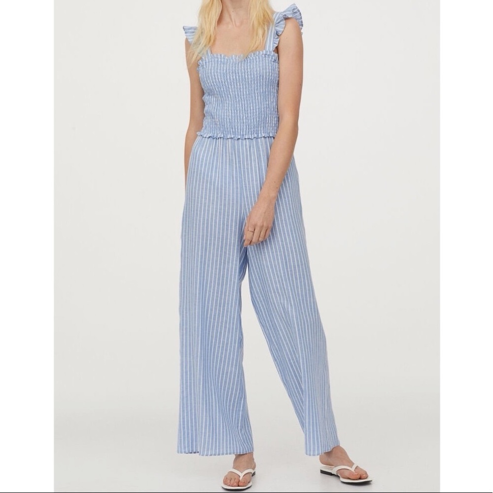 H&M Smocked Jumpsuit with Light Blue/White Stripes - Size Small